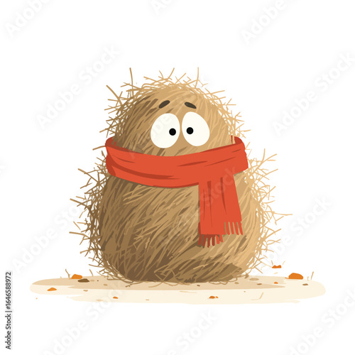 Cartoon Hay Bale Character with Googly Eyes and a Red Scarf