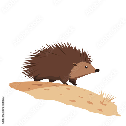 Cartoon hedgehog with brown quills walking on tan ground with sparse grass