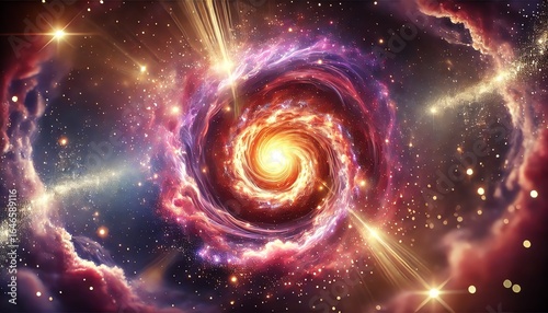 A mesmerizing, glowing cosmic vortex swirling in deep space, illuminated by radiant shades of purple, pink, and orange