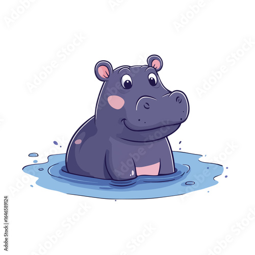 Cartoon hippo with pink cheeks smiling in blue water