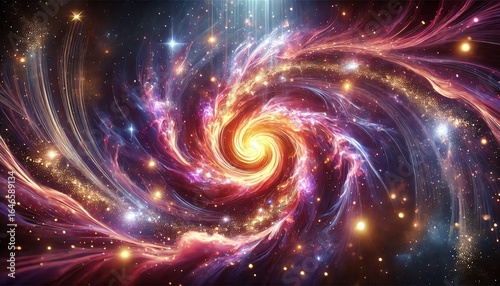 A mesmerizing, glowing cosmic vortex swirling in deep space, illuminated by radiant shades of purple, pink, and orange