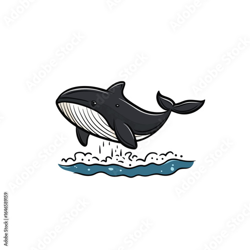 Cartoon Humpback Whale Leaping from the Ocean with Water Droplets