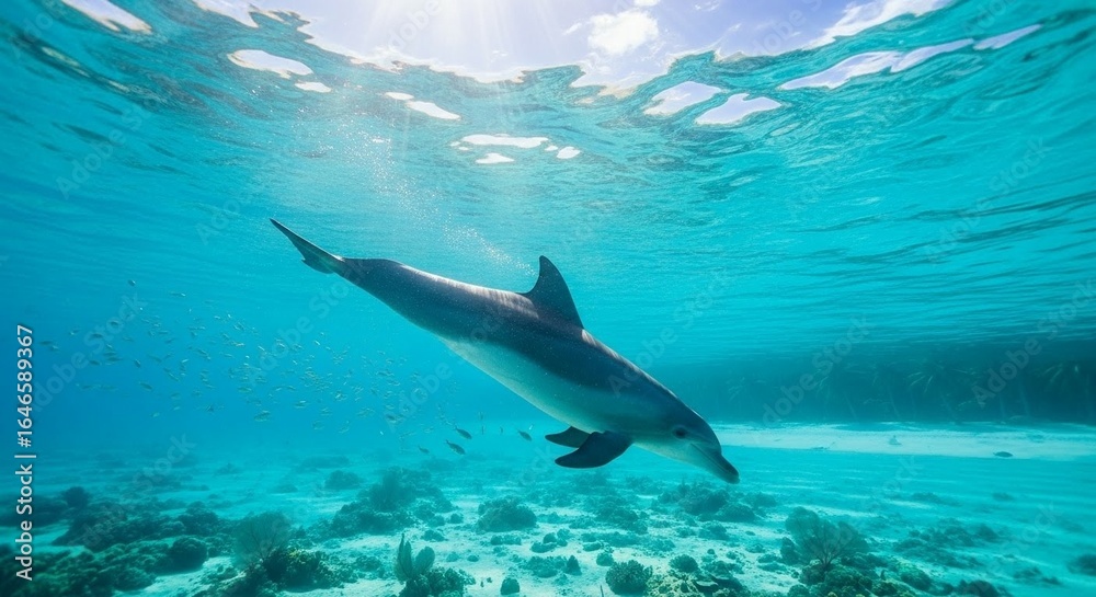 Fototapeta premium A dolphin swimming in clear blue ocean water, sunlight beams through, tropical paradise background