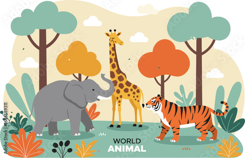 Cartoon giraffe, zebra, tiger, and koala with green leaves, World Animal Day 4 October, wildlife conservation and biodiversity awareness.