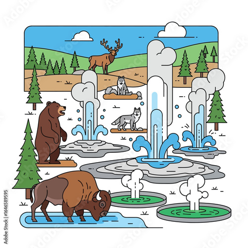 Colorful illustration of wildlife and geysers in a Yellowstone-like landscape.