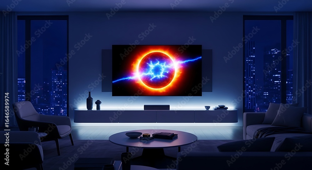 Naklejka premium Modern living room with large tv displaying abstract colorful energy