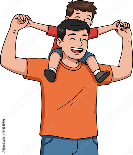 Happy Father’s Day cartoon illustration of dad carrying son on shoulders in nature, joyful bonding moment, family love celebration.