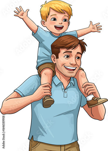 Happy Father’s Day cartoon illustration of dad carrying son on shoulders in nature, joyful bonding moment, family love celebration.