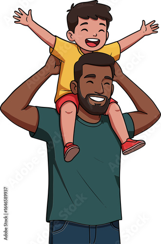 Happy Father’s Day cartoon illustration of dad carrying son on shoulders in nature, joyful bonding moment, family love celebration.