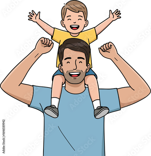 Happy Father’s Day cartoon illustration of dad carrying son on shoulders in nature, joyful bonding moment, family love celebration.