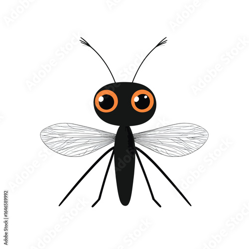 Cartoon mosquito with orange eyes and detailed wings facing forward