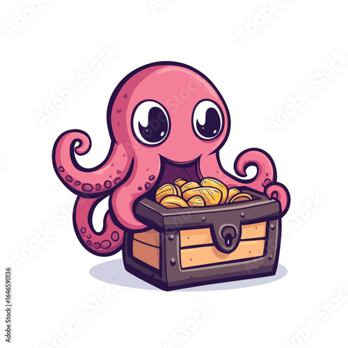 Cartoon octopus with big eyes hugging a wooden treasure chest full of gold