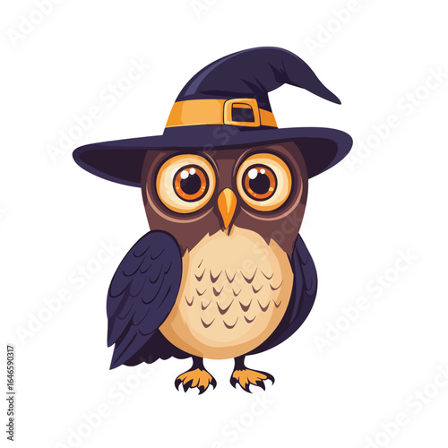 Cartoon owl wearing a dark blue witch hat with a gold buckle