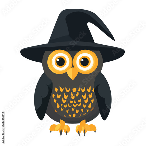 Cartoon owl wearing a black pointed witch hat with large yellow eyes