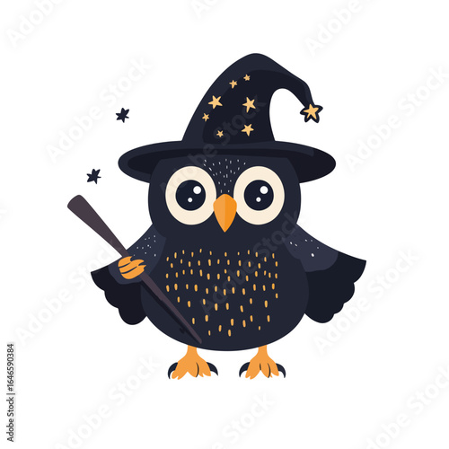 Cartoon owl wizard with a starstudded hat and magic wand illustration