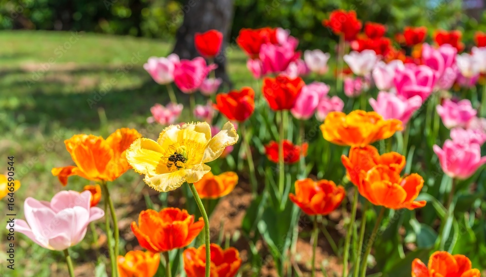 Tulips bloom in sunlit field Tulips bloom in sunlit field