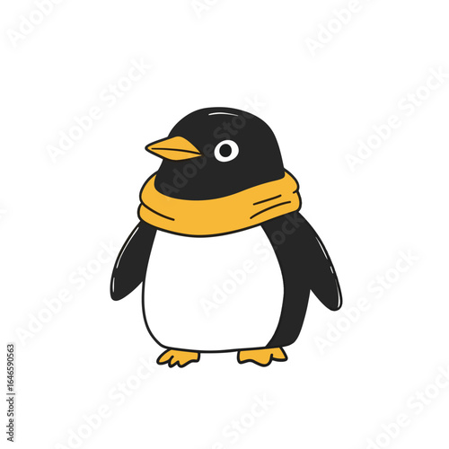 Cartoon Penguin with Yellow Scarf and Feet Standing Upright