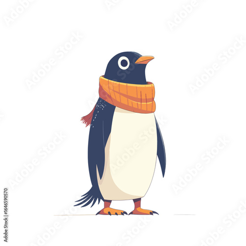 Cartoon Penguin with Orange Scarf Standing Upright and Facing Right