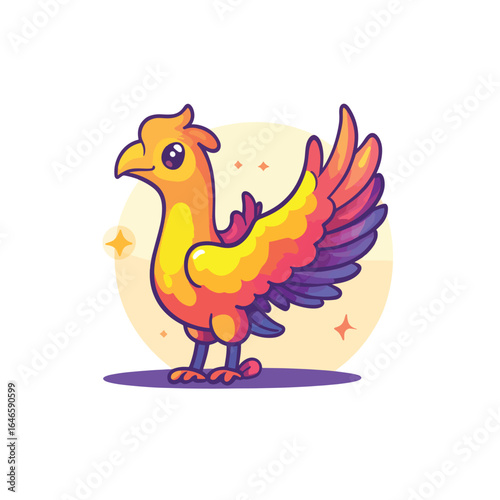 Cartoon Phoenix with Gradient Plumage and Sparkling Eyes Standing on Purple Ground