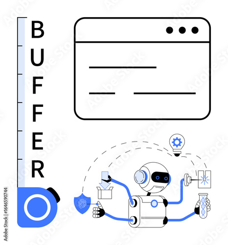Robot handles tasks with browser interface, buffer indicator, tools, and ideas. Ideal for automation, AI, workflow, efficiency coding productivity futuristic design. Simple flat metaphor