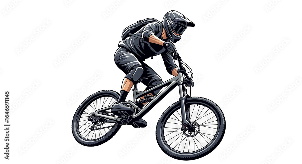 Fototapeta premium Vector image: Silhouette of a cyclist doing a wheelie, conveying energy and excitement.