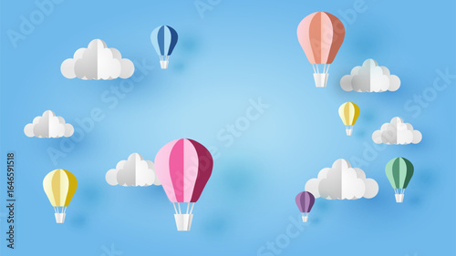 Illustration of hot air balloons on abstract sky background. Hot air balloon float up in the sky. paper cut and craft style. vector, illustration.