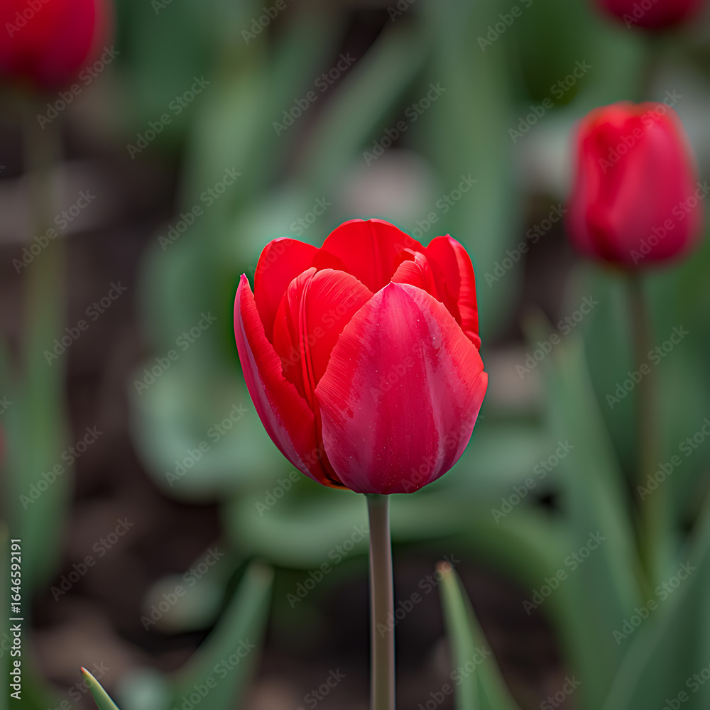 Fototapeta premium Vibrant red tulip flower blooms in an outdoor garden with other tulips in the background.