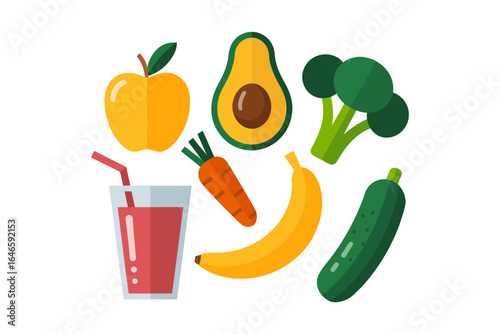 Mixed fruit and vegetable set with juice glass, avocado banana peach apple cucumber and bell pepper, fresh produce flat vector icons