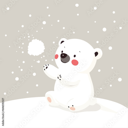 Cartoon polar bear playfully catching a snowball with rosy cheeks