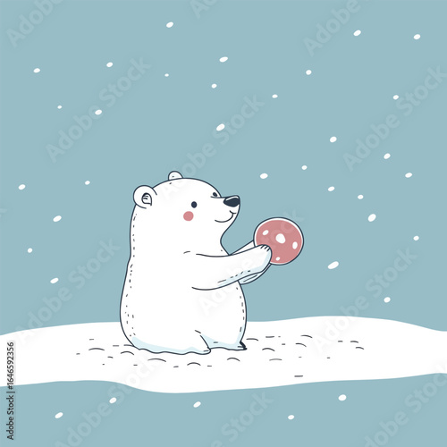 Cartoon polar bear with pink cheeks holding a spotted red ball