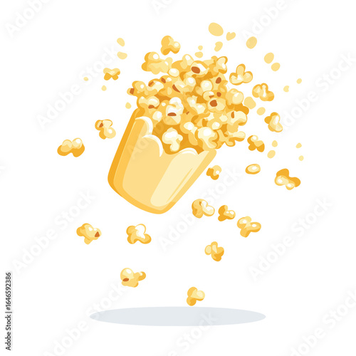 Cartoon Popcorn Bucket with Exploding Kernels and Scattered Pieces