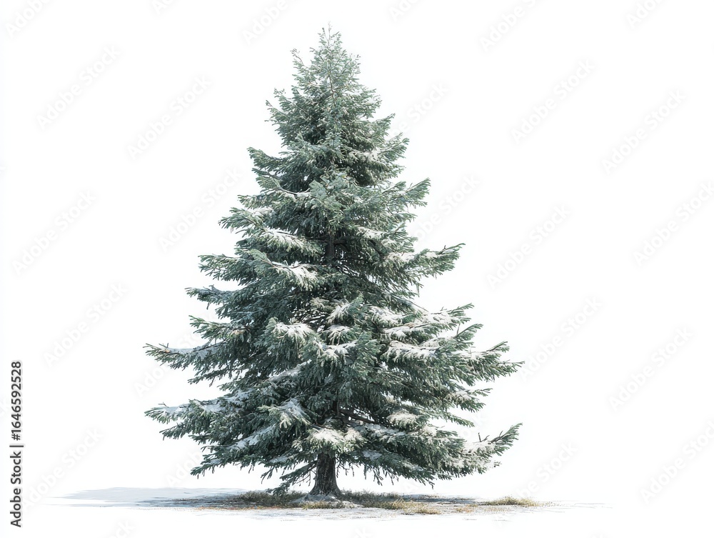 Fototapeta premium Snow Covered Evergreen Tree Against White Background