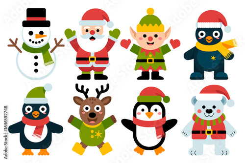 Christmas character icon set, santa snowman elf penguin reindeer polar bear, cute winter vector illustration, holiday clipart, kids greeting design
