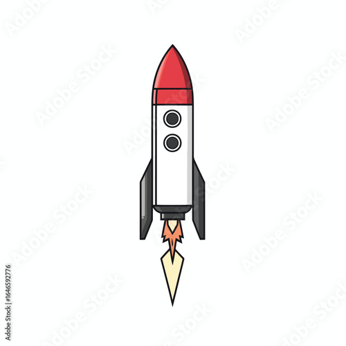 Cartoon rocket with red nose two circular windows and yellow flame