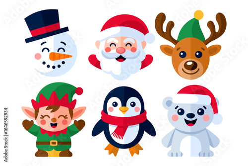 Christmas face and head icons, snowman santa reindeer elf penguin polar bear, cute winter avatar vector, holiday sticker clipart, festive design elements