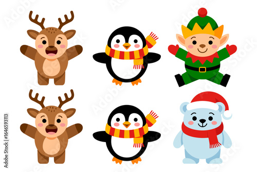 Winter animal and elf icons, reindeer penguin elf polar bear, santa helper characters, cute christmas vector illustration, holiday mascot clipart