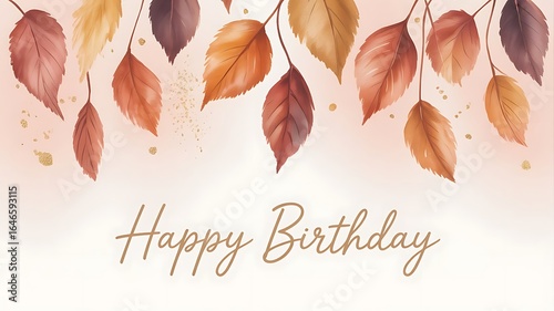 Autumn leaves frame a delicate happy birthday greeting with a soft watercolor background