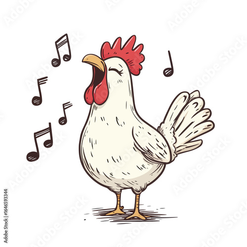 Cartoon Singing Chicken with Red Comb and Musical Notes Illustration