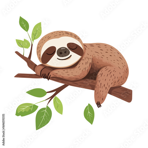 Cartoon Sloth Napping Peacefully on a Branch with Green Leaves