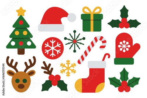 Modern christmas symbol collection with tree santa hat gift reindeer head stocking candy cane snowflake and holly, bright color icon pack, flat style vector