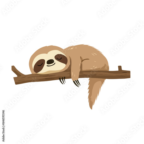 Cartoon Sloth Napping Peacefully on a Brown Branch Relaxed and Content