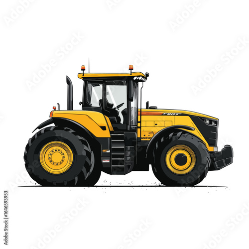 Cartoon Style Yellow Tractor with Black Accents and Detailed Wheels