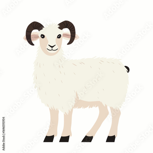 Cartoon Style White Sheep with Curled Horns and Black Hooves