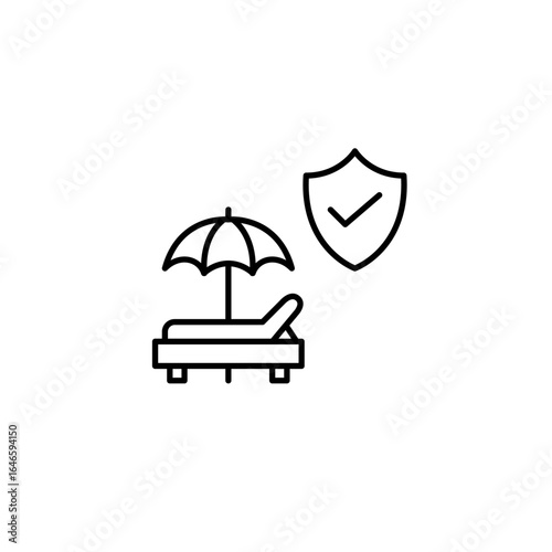 Sun bed, umbrella, shield and checkmark. Approved hotel, travel insurance. Verified holidays. Pixel perfect, editable stroke vector icon