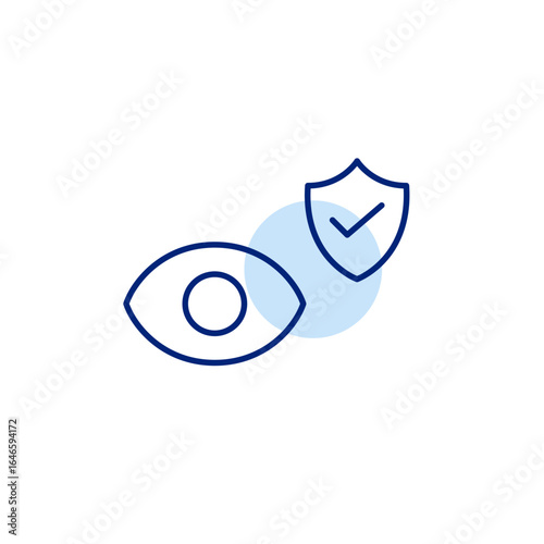 Eye, shield and checkmark. Approved optical health, protected eyes, certified eye safety. Pixel perfect, editable stroke vector icon