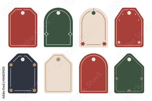 Christmas gift tag set, red green cream labels, rounded rectangle and arch shapes, minimalist holiday design, printable vector template
