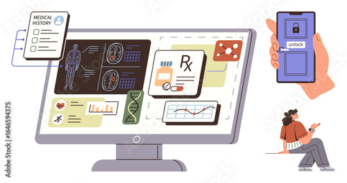 Monitor displaying medical data, patient records, genome, prescription info, charts. Mobile app unlocking healthcare access. Seated person interacting remotely. Ideal for telemedicine, data sharing