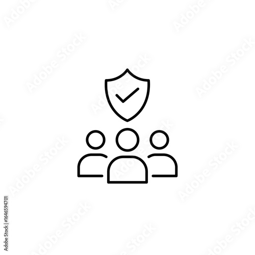 Group of users, shield and checkmark. Verified community, trusted group, secure network, approved membership. Pixel perfect, editable stroke vector icon