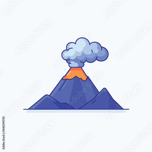 Cartoon Volcano Erupting with Blue Mountain and Puffy Smoke