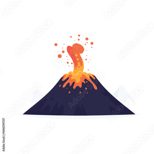 Cartoon volcano erupting with orange lava and small white mountains behind